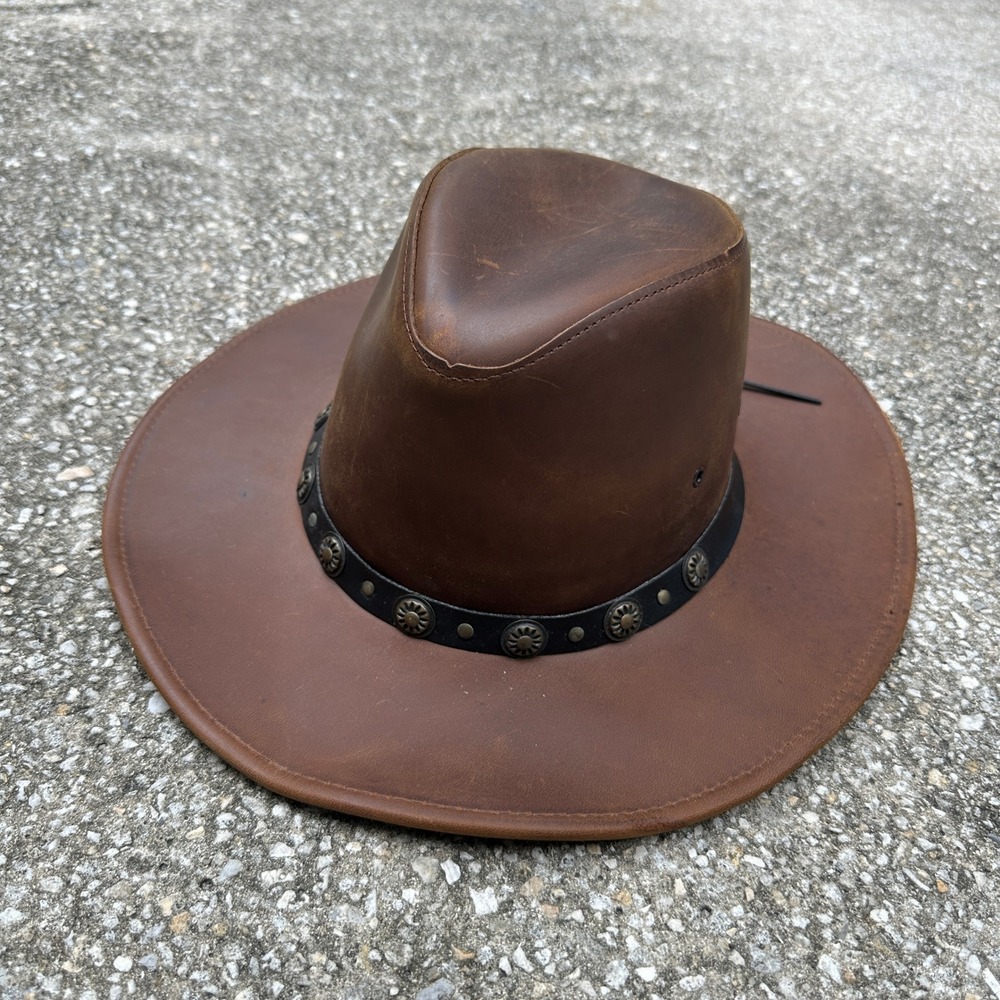 Genuine Leather Cowboy Hat Made in USA Brown Western Outback Concho Studded S